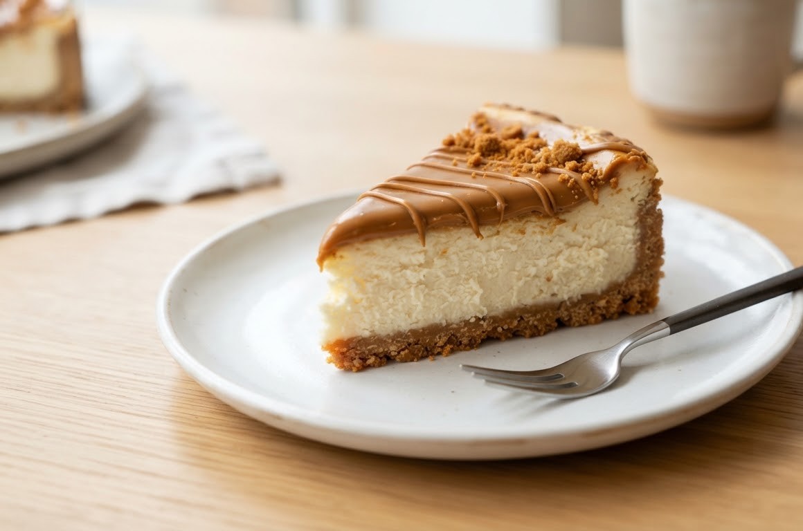 Caramel Biscuit Cheesecake — Speculoos crust, caramel drizzle