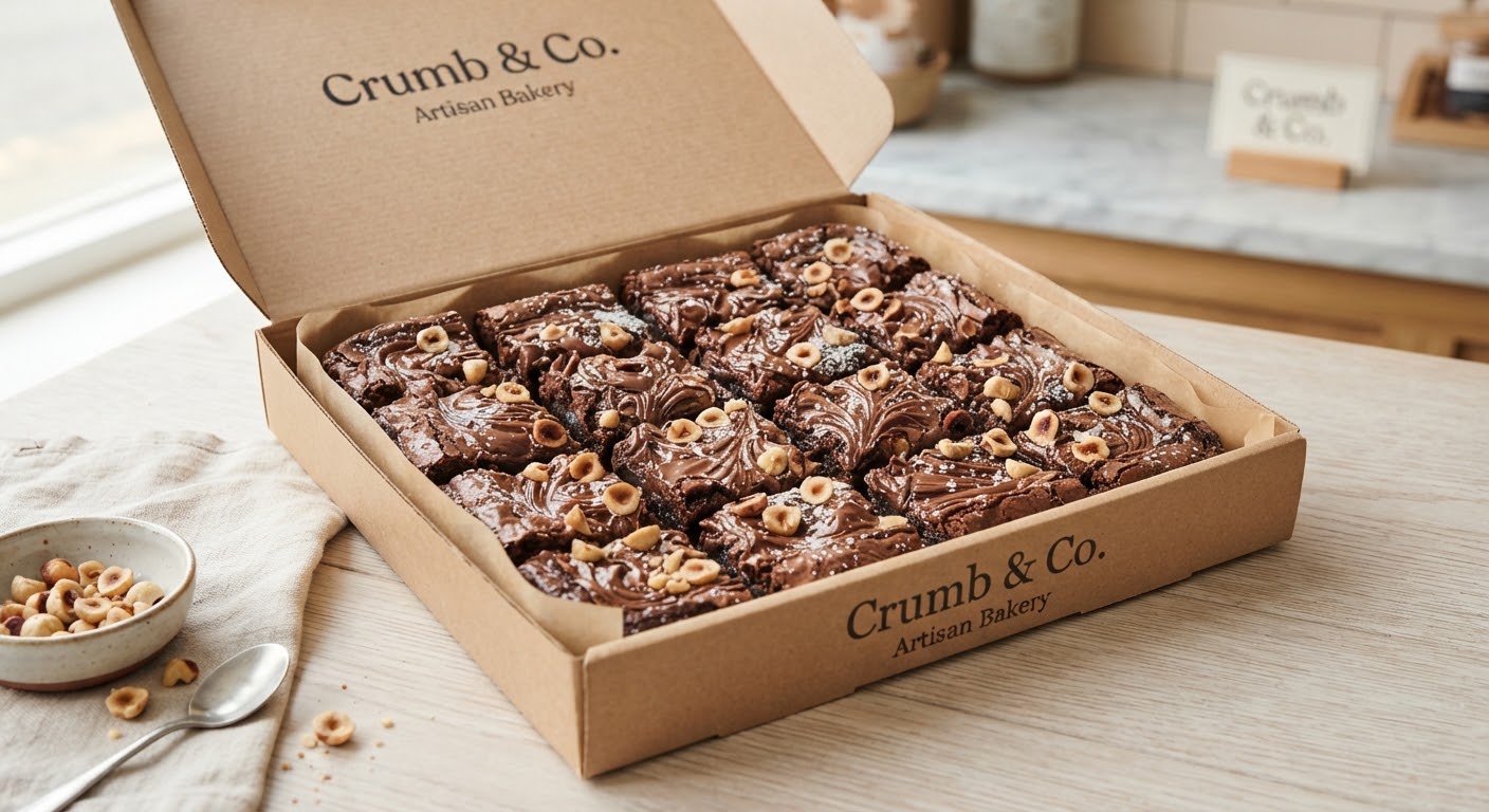 Hazelnut Fudge Brownie Box — Box of 9, toasted hazelnuts